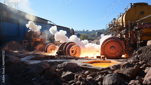 A series of industrial crushers reducing large rocks to smaller particles as part of the ore processing cycle