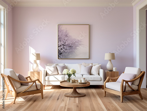 Modern Living Room with Hardwood Floor and Lavender Walls