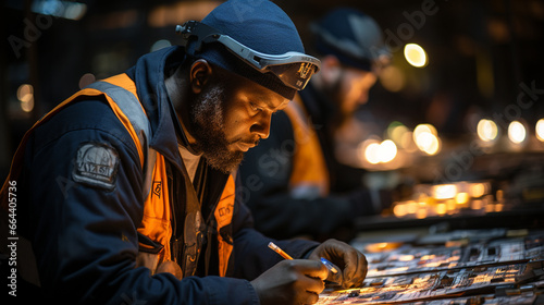 A mining engineer studying blueprints and schematics to optimize mining processes for maximum efficiency photo