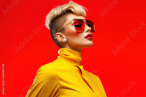 Confident blonde woman with modern hairstyle and makeup wearing sunglasses and yellow turtleneck while standing over red background.