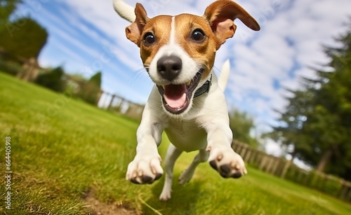 Jack Russel Parson Dog Run Toward The Camera Low Angle High Speed Shot.