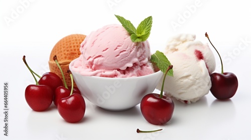 Scoops of Cherry Vanilla Ripple and Peach Ice Cream in a High Angle Still Life on a White Background with Cherries  Slices of Peach  and Mint