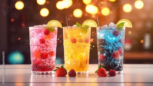 Set of three vibrant summer bubble teas  including pink berry  yellow citrus  and green mint  with tapioca balls and crushed ice  on a background of vibrant tiles.