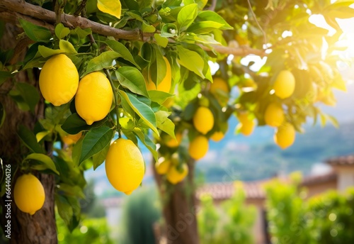 Lemons growing in a sunny garden on Amalfi coast in Italy. © Dibos