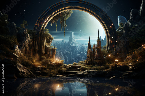 A sorcerer's enchanted mirror reflecting alternate dimensions, illustrating the love and creation of portals to other realms, love and creation