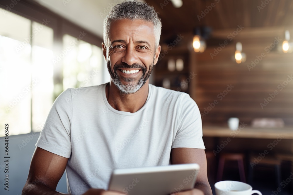 Portrait of cheerful African American businessman in casual clothes with tablet and cup of coffee. Happy smiling mature man, successful entrepreneur or employee working in office or coworking cafe. Portrait of cheerful African American businessman in casual clothes with tablet and cup of coffee. Happy smiling mature man, successful entrepreneur or employee working in office or coworking cafe.