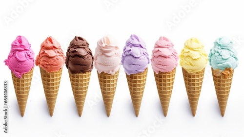 Shot from above and isolated on a white background, a row of colorful ice cream scoops with decorations