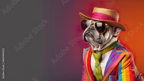 Cool looking bulldog wearing funky fashion dress. space for text right side.