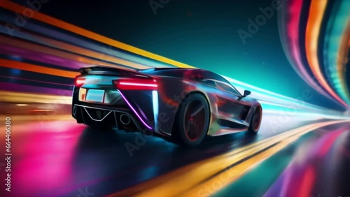 Velocity Unleashed Abstract Video High-Speed Racing Car Full-Throttle Motion, Roaring Through a Dynamic and Colorful Racing Circuit, Setting the Track Ablaze with Heart-Pounding Excitement
