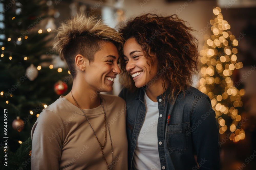 Happy lesbian couple celebrating Christmas at home Happy lesbian couple celebrating Christmas at home
