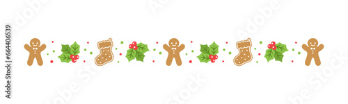 Christmas themed decorative border and text divider, Gingerbread Cookies and Mistletoe Pattern. Vector Illustration.