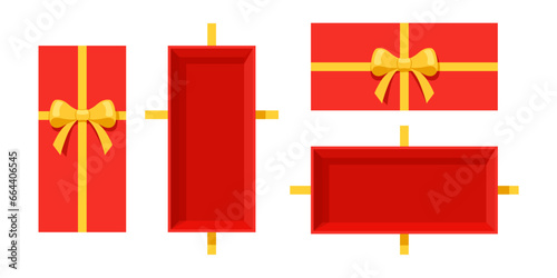 Open a long mystery gift box horizontal and vertical with a yellow ribbon on isolated white background. Random secret loot box top view concept. Vector illustration cartoon flat design.