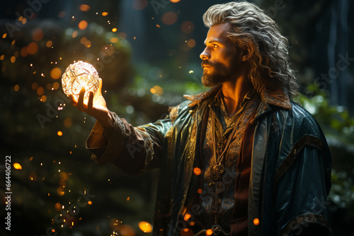 A sorcerer invoking the elements, holding a crystal staff in a forest clearing, showcasing the love and creation of natural energies, love and creation