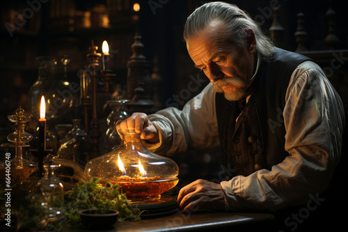 A potion master carefully mixing ingredients in a dimly lit apothecary, symbolizing the love and creation of mystical elixirs, love and creation