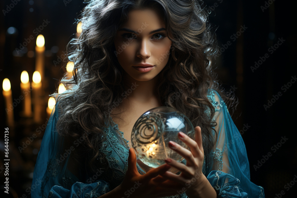 Naklejka premium A sorceress holding a crystal ball aloft, channeling visions of distant realms, illustrating the love and creation of cosmic insights, love and creation