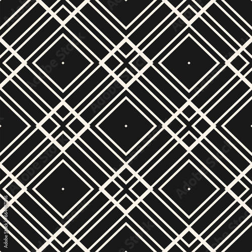 Seamless vector pattern with diamond-shaped geometric lattice; white thin lines forming grid design on black backdrop for texture, abstract backgrounds, and repeat minimalist ornament projects