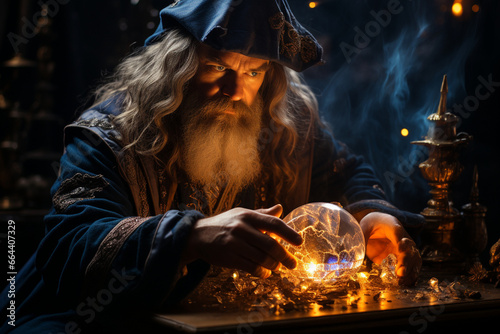 A sorcerer using a crystal pendulum for divination, seeking answers to life's questions, symbolizing the love and creation of guidance, love and creation