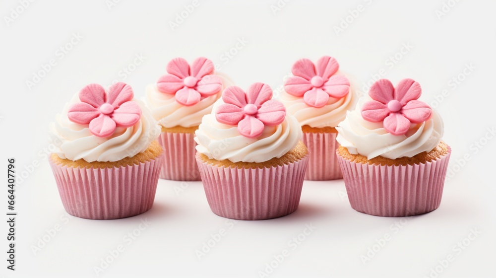 Vanilla cupcakes with pink flower embellishments and buttercream icing on a white backdrop.