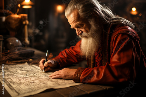 A sorcerer drawing symbols of protection on a parchment scroll, emphasizing the love and creation of magical scrolls, love and creation photo