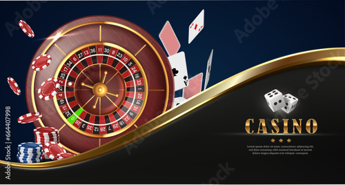 Online casino background with roulette wheel, flying cards and poker chips.