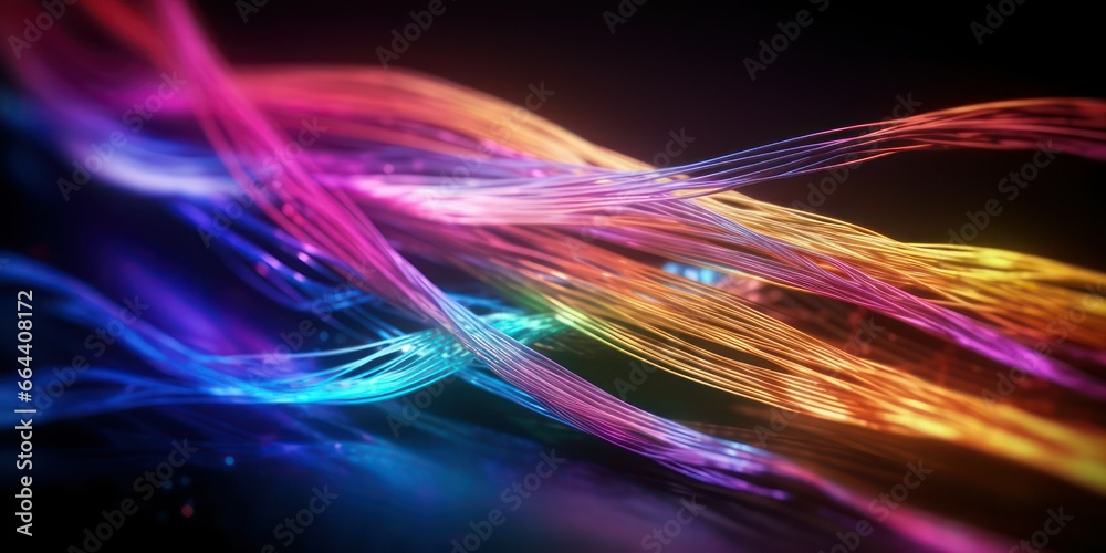 Neon light Bright and multicolor Fiber Cables on a Black Background. Neon light Bright and multicolor Fiber Cables on a Black Background.