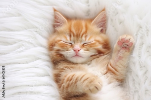 Red kitten, cat sleeping cute on white fur. © Dibos