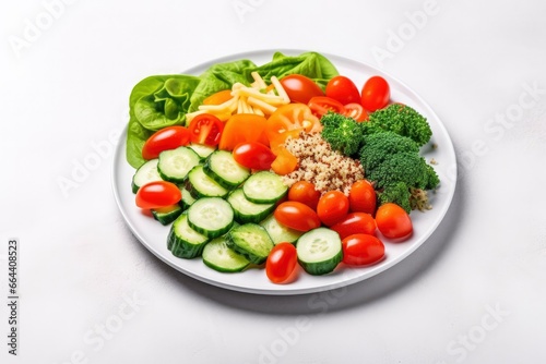 Salad with quinoa, spinach, broccoli, tomatoes, cucumbers and carrots.