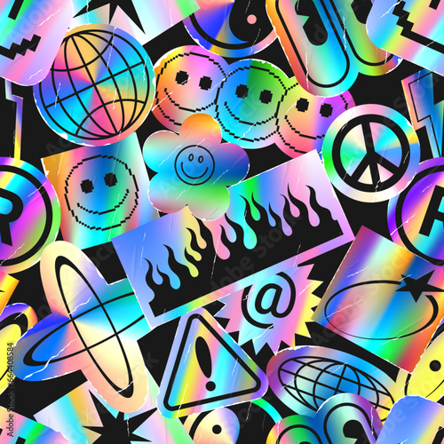 Vibrant seamless pattern with holographic stickers. Bright Y2K style vector illustration with glued holographic stickers with gradient effect. Iridescent foil adhesive film with symbols.