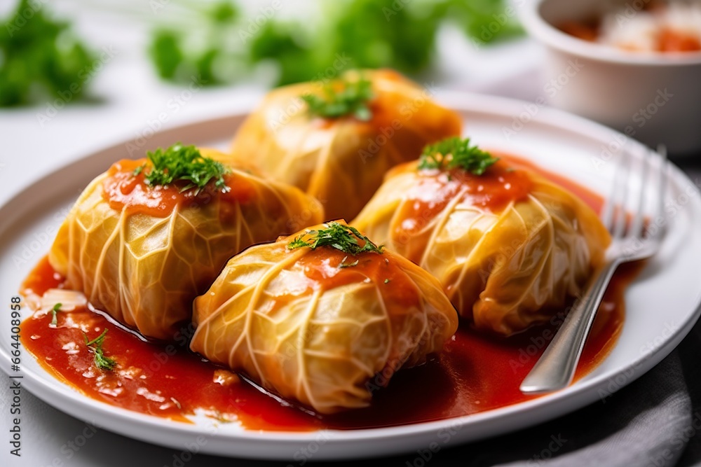 Stuffed cabbage with rice on a white table. Stuffed cabbage with rice on a white table.