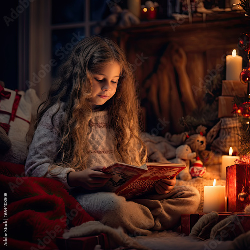 young girl reading a book in a cozy christmas athmosphere