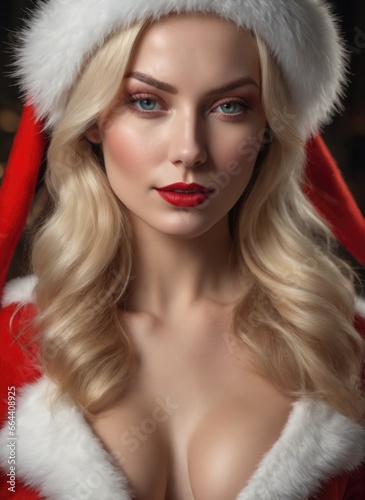 Smiling beautiful Caucasian American woman in Santa clothes on a Christmas background illustration. New Year's celebration with copy space.