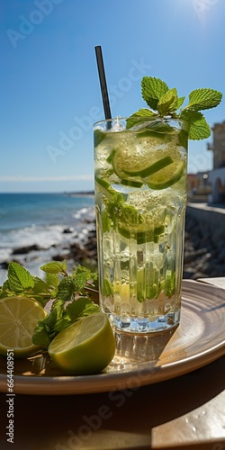 Stunning photo of cocktail mojito, a sunny summer beach in the background.