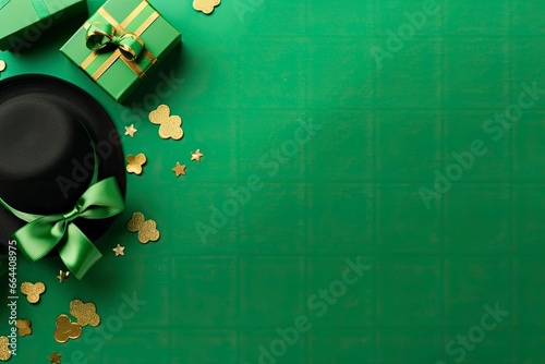 St Patrick's Day concept. leprechaun headwear gift boxes pot with gold coins.