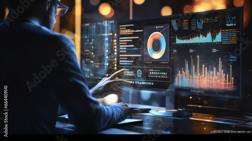 Advanced Business Analytics and Data Mining  Futuristic Technology and Golden Insights  dashboard filled with intricate graphs and charts with cutting-edge technology