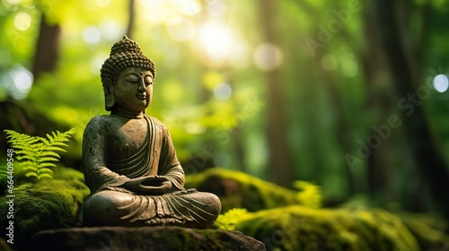 Close-up of the Buddha statue in the lotus position in the forest among plants