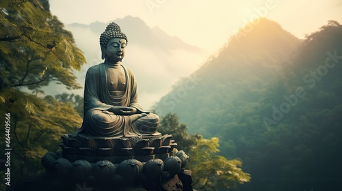 Close-up of the Buddha statue in the lotus position. With a view of the forest and mountains