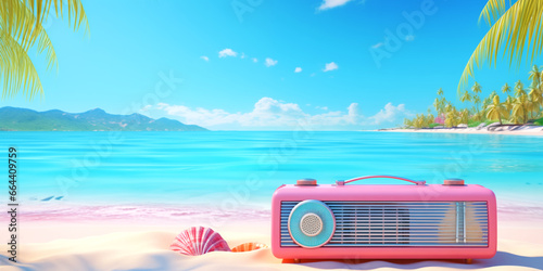 Radio device on an sandy sea beach. Teal & pink colored radio on the sand near the ocean water. Aquamarine & red radio near a palm tree on a empty desert island. Turquoise & purple radio station.