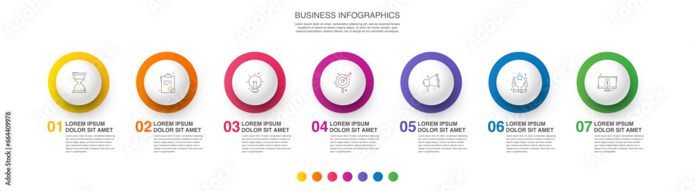 Timeline vector infographic design with seven icons and circles. Circular infographics for business concepts and reports. Use for workflow layout, banner, process, diagram, flow chart, annual graph. - obrazy, fototapety, plakaty 