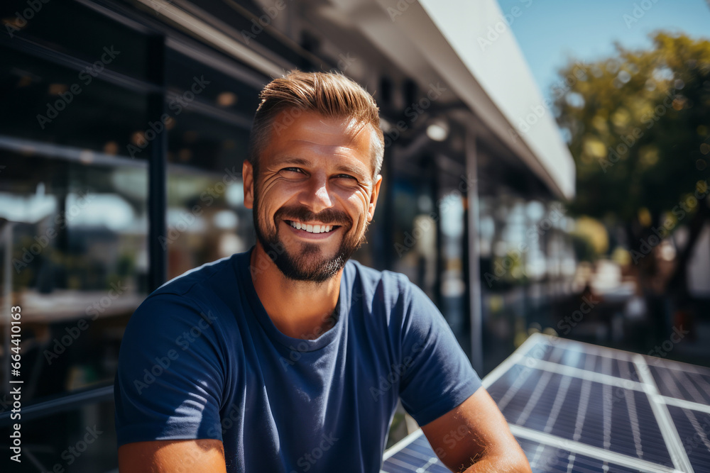 Smiling middle-aged man in blue T-shirt against the background of solar panels. Experienced entrepreneur runs a business installing solar panels. Alternative energy and smart home technology. Smiling middle-aged man in blue T-shirt against the background of solar panels. Experienced entrepreneur runs a business installing solar panels. Alternative energy and smart home technology.