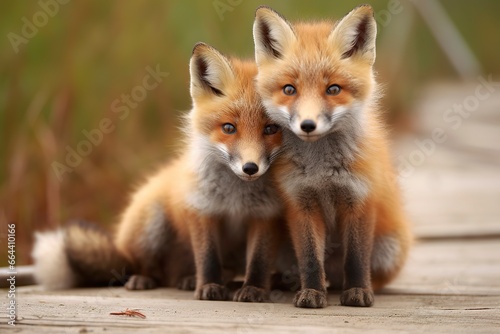 Wild baby red foxes cuddling at the beach. © Dibos