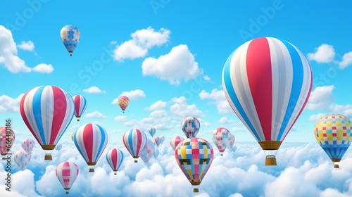 Easter egg-decorated hot air balloons with cotton clouds over a vivid blue background. Lay flat. innovative idea.