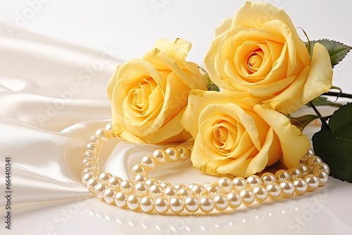 Yellow roses bouquet and pearls,in white background.