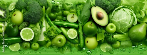 Banner layout of green fruits and vegetables.