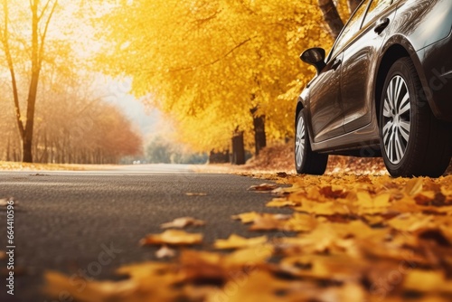 Car on asphalt road on an autumn day at the park. © Dibos