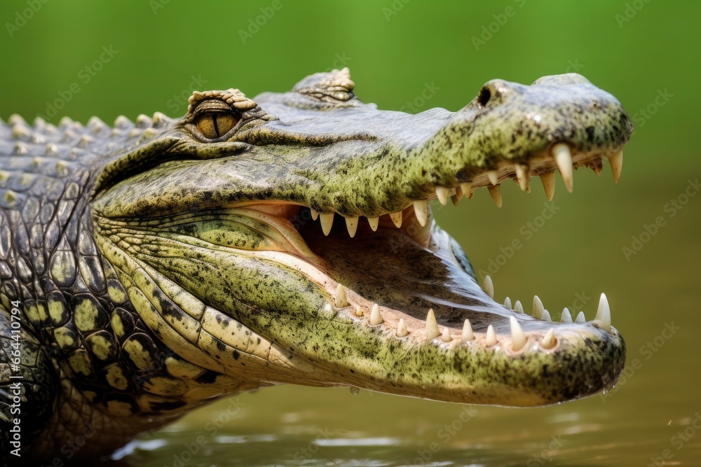 Fototapeta premium Crocodile with its mouth wide open with a green lake in the green background.