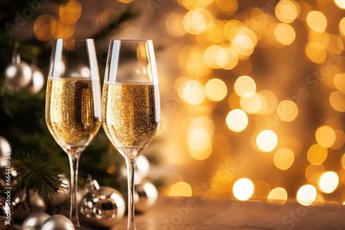 Two glasses of champagne with bokeh lights on a bright backgrounds