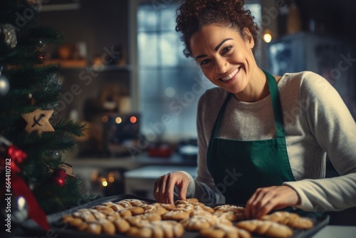 Woman baking Christmas cookies happy, rustic background homes photo
