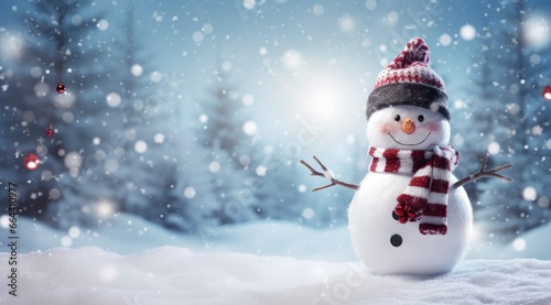 Happy snowman in the winter scenery. © Dibos