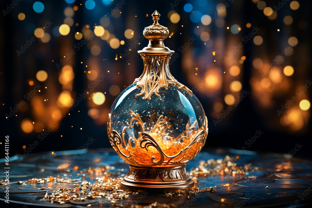 Golden blue glass perfume bottle with gold cap and magic dust on a stand with floating golden glitter sparkles. Premium perfumery gift present Golden blue glass perfume bottle with gold cap and magic dust on a stand with floating golden glitter sparkles. Premium perfumery gift present