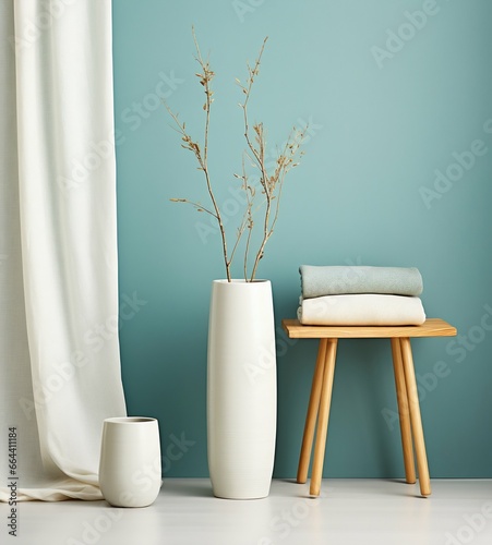 Tranquil Interior: Blank Canvas, Pastel Wall, and Modern Ceramic Decor. Generative ai © Scrudje